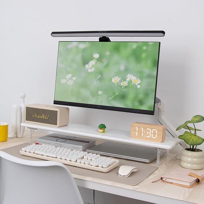 ROCDEER Bamboo Monitor Stand Riser with Acrylic Legs for Desk, 31.5 Inches Desktop Shelf Supports for PC Computer Monitor, Laptops, Printer, Speakers (White)