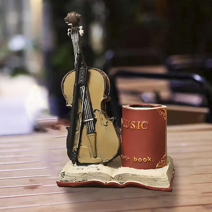 Jaugufiy Resin Violin Sculpture Pen Holder Pencil Holder Pen Organizer Cosmetic Brush Holder Decorative Pen Box Pen Pot Makeup Brush Pot (Red)