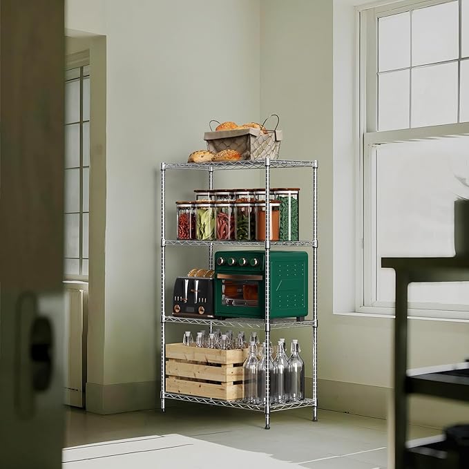M MZG 1000 lbs 4Tier Shelf Metal Storage Shelves Wire Rack Closet Organizers with Wheel for Garage Kitchen Bathroom Laundry Chrome 13.7" D x 29.5" W x 47.2" H
