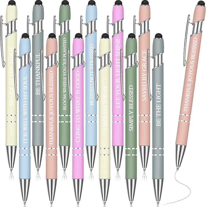Zonon 12 Pcs Inspirational Pens Bulk Funny Ballpoint Pen with Stylus Tip Motivational Gifts for Valentine's Day Teacher Coworkers Nurse School Office Supplies(Morandi,Bible Style)