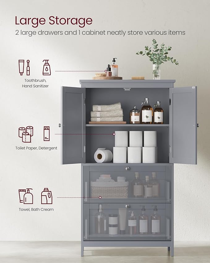 VASAGLE Floor Storage Cabinet, Freestanding Storage Unit with 2 Drawers and 2 Doors, Adjustable Shelf, 11.8 x 23.6 x 43.3 Inches, for Entryway, Bathroom, Dove Gray UBBC551G02
