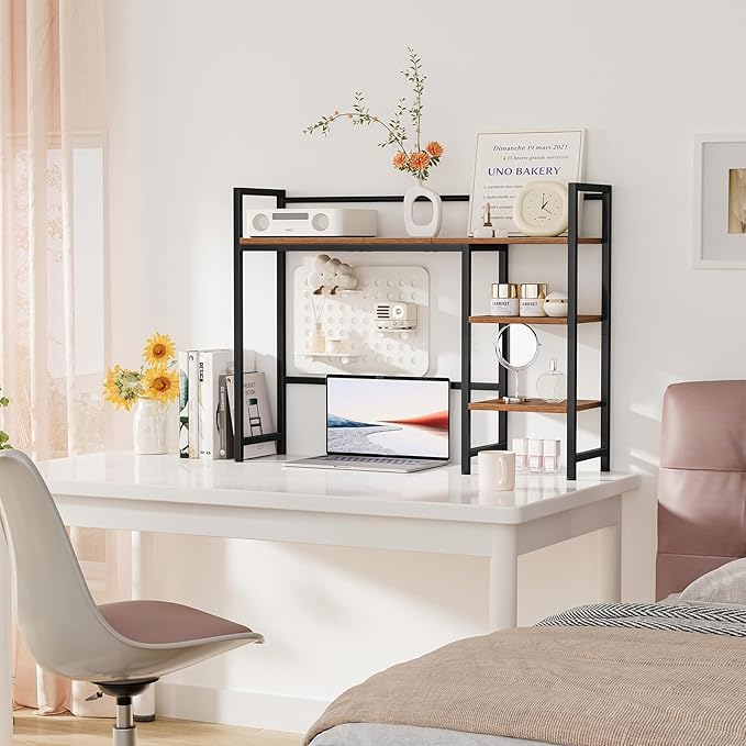 Snughome Desk Shelf, 38.6" Desktop Organizer Shelf, Desk Hutch for Computer Monitor, 4 Tier Desk Display Rack, Wood Desktop Bookshelf Storage Rack for Home Office Dorm, Rustic Brown | Desk Hutch, Computer Monitor, Desktop Display Rack, Home Office Dorm
