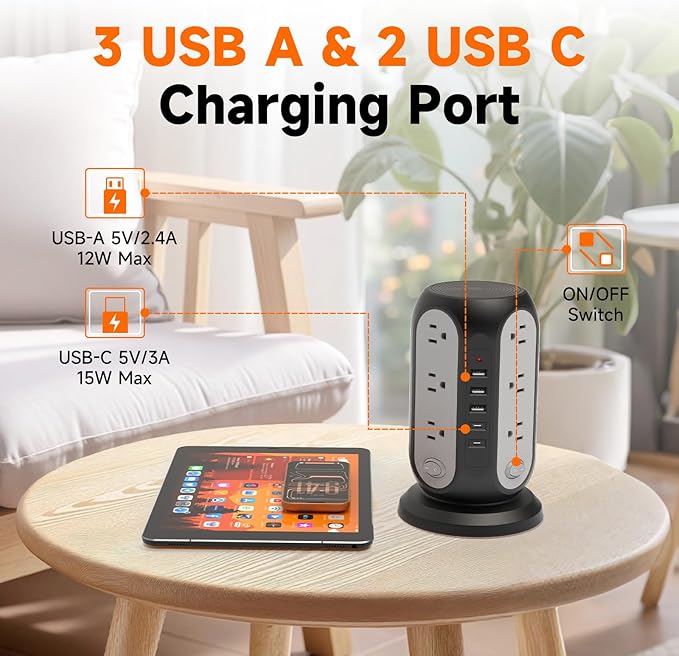 Tower Power Strip with 12 Outlets and 5 USB Ports (2 USB-C), Flat Extension Cord 10 Ft, Surge Protection 1250W Multiple Outlets Charging Station for Home Office Dorm Room