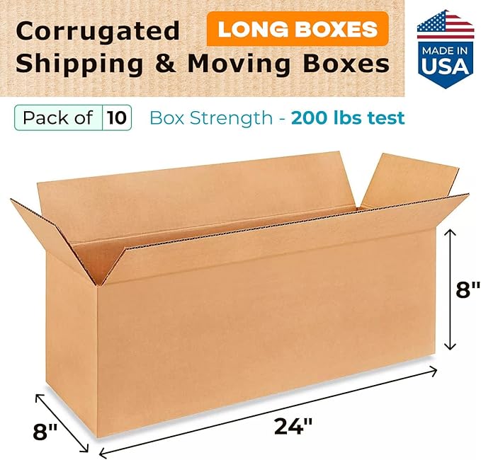 Long Moving & Shipping Boxes 24x8x8 inches (10-Pack) - Extra Strength 200 lb vs Regular - Corrugated Durable Cardboard Boxes - Long Cardboard Box - Packing and Moving Box by IDL Packaging