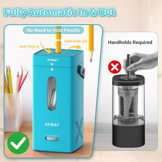 AFMAT Electric Pencil Sharpener, Fully Automatic Pencil Sharpener, Auto in & Out, Rechargeable Hands-Free Sharpeners for Jumbo & Colored Pencils (6.5-12mm), Portable for Home/Classroom/Office PSC6