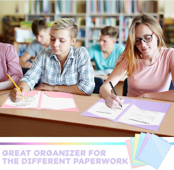 Henoyso 12 Pcs Plastic Folders with Clear Front Pockets Heavy Duty File Folders with 2 Pockets and Card Slot for Student Communication School Office Presentation Report (Pastel)