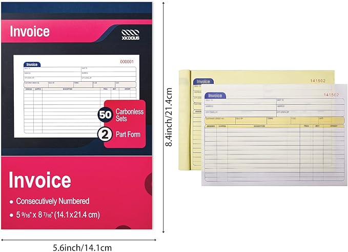 XKDOUS 20 Pack Invoice Book, 2-Part Carbonless, 5-9/16" x 8-7/16" Invoice Receipt Book for Small Business, 50 Sets per Book