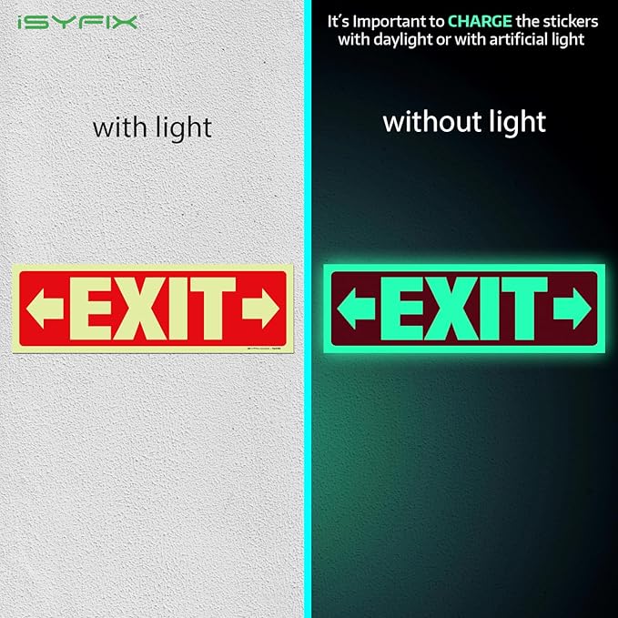 iSYFIX Exit Stickers Signs with Directional Right & Left Arrow 6 Pack 12x4 Inch - Glow in the Dark Photoluminescent Vinyl for Office, School, Business, Warehouse - UV & Weather Resistant for Indoor/Outdoor Use