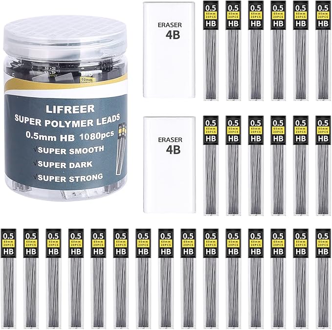 Lifreer 0.5 Lead Refills (1080 Pcs), Unbreakable 0.5 mm Lead Refills and 2 Premium Erasers, Long Lasting HB Pencil Lead 0.5 Refill,Mechanical Pencil Lead 0.5mm for Students & Professionals