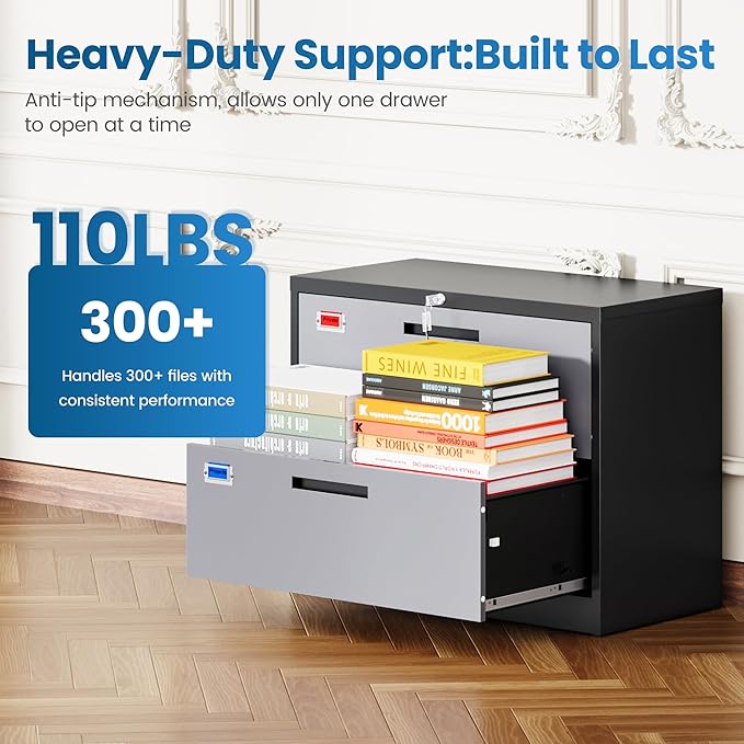 PEUKC 2 Drawer File Cabinet, Lateral Filing Cabinets for Home Office, Office Storage Drawers with Lock, Hanging Files Legal/Letter A4 Size (Assemble Required,Black Grey)