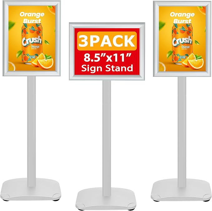 VAIIGO 3 Pack Heavy Duty Standing Sign Holder 8.5x11 Inch - Pedestal Floor Sign Stand with Weighted Base - Vertical & Horizontal Poster/Menu Display Stands for Indoor/Outdoor Advertising, Silver