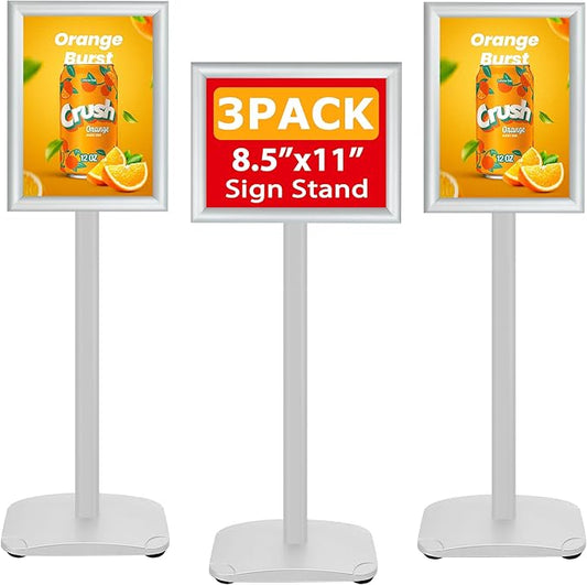 VAIIGO 3 Pack Heavy Duty Standing Sign Holder 8.5x11 Inch - Pedestal Floor Sign Stand with Weighted Base - Vertical & Horizontal Poster/Menu Display Stands for Indoor/Outdoor Advertising, Silver