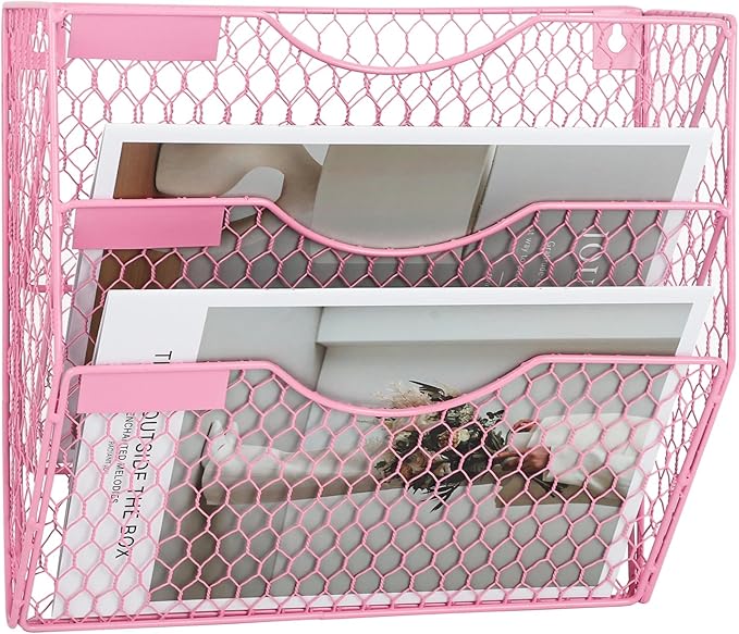 EASEPRES Mail Organizer Wall Mount Hanging File Holder Storage, Metal Chicken Wire Magazine Rack 3 Tier, Pink