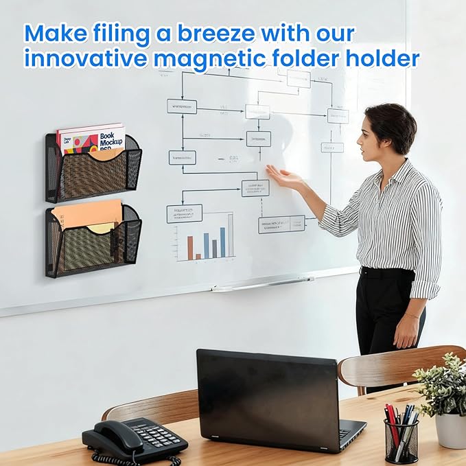 KZWKRG Magnetic File Holder 3PCS Wall File Folder Organizer, No Drilling Hanging Magazine Rack for Refrigerator, Document Paper Mail Folder Holders Office File Magnetic Organizer (Black)