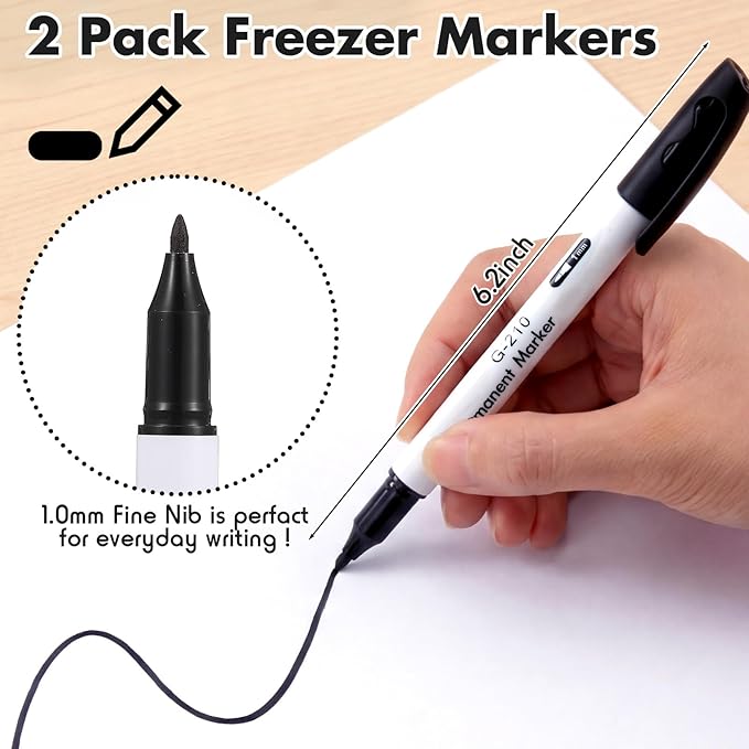 Janlaugh 2 Pcs Freezer Permanent Markers Waterproof Fast Drying Labels 1.0mm Chisel Fine Point Tips Food & Fridge Labels Markers Pen (Black)