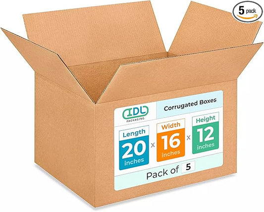 Large Shipping & Moving Boxes 20 x 16 x 12 inches (5-Pack) - Extra Strength 200 lb vs Regular - Corrugated Packing Boxes for USPS/FEDEX - Heavy Duty Moving Box - Box Large by IDL Packaging