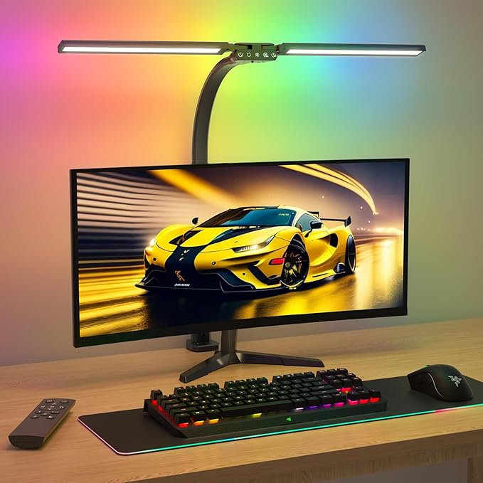 SIBRILLE Upgraded LED Desk Lamp for Home Office with RGB, Rotatable Computer Desk Light with Remote, Tall Table Lamp with Clamp for Working, Dimmable Dual Head Task Lighting for Monitor PC, 22W