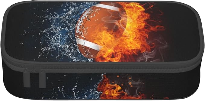 Kids Pencil Pouch for Boys, Football Pencil Case with Fire Water Pattern Print, Big Capacity Black Pencil Box Stationery Bag with Zipper Portable Travel Storage Box Desk Pen Bag for Teens Adults