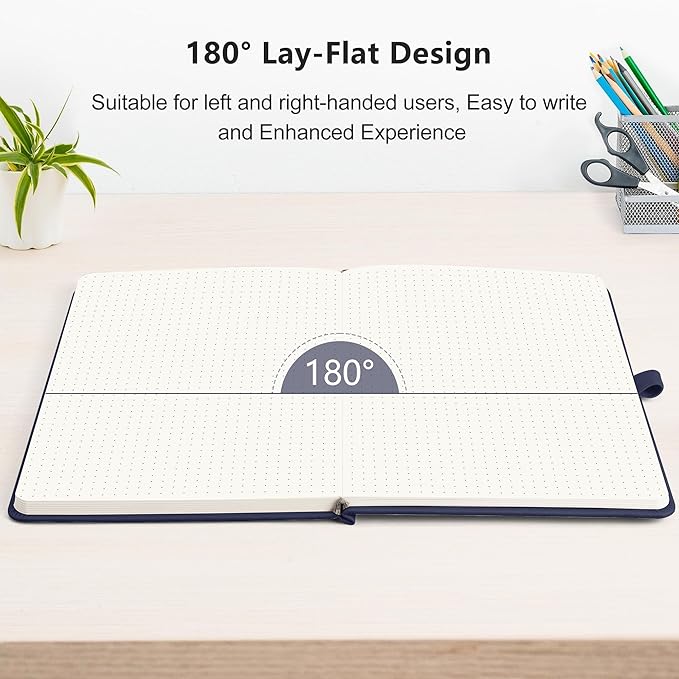 RETTACY Bullet Dotted Journal Notebook, 320 Numbered Pages, A5 Medium Size (5.7'' × 8.3''), Leather Hardcover, 100 GSM Thick Paper, for Bullet Journaling, Planning, Tracking (Navy Blue)