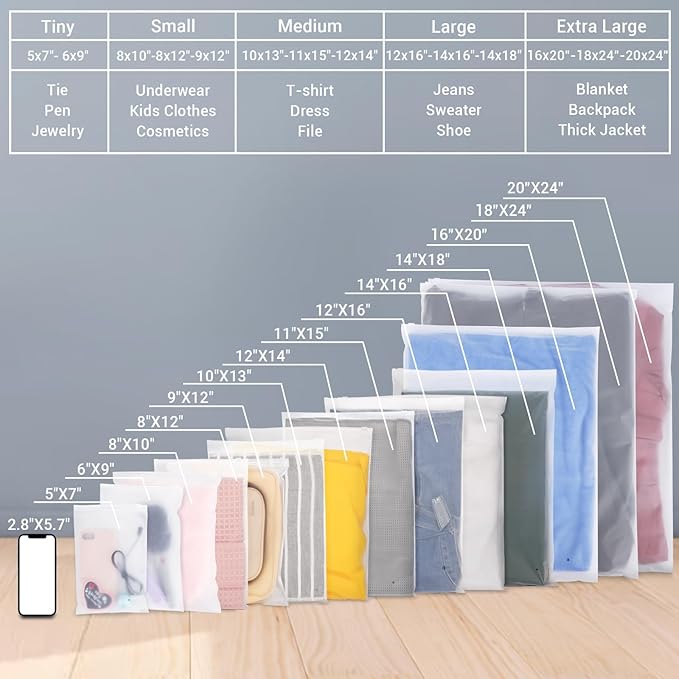 Svaldo Clothing Bags, 50 Count 20x24 inch Jumbo Extra Large Frosted Zipper Plastic Bags for Clothes, Sweater Dress, Backpack, Blanket, T Shirt Packaging Shipping, 3 Mil, with Vent Holes