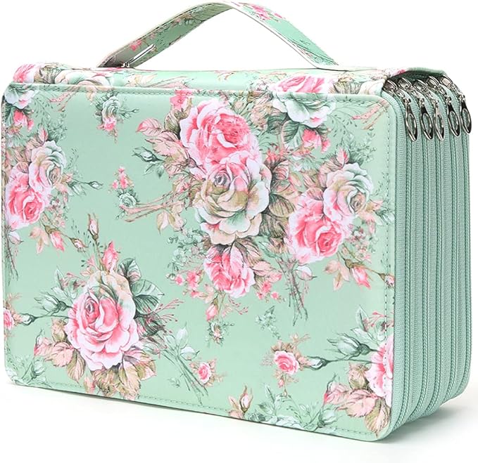 Vomgomfom Colored Pencil Case - 252 Slots Pencil Holder with Zipper Closure Twill Fabric Large Capacity Pencil Case for Watercolor Pens or Markers, Pencil Case Organizer for Artist (Green Rose)