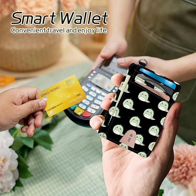 BWEGRHE Small Travel Wallets, Cute Dinosaurs Slim Minimalist Front Pocket Wallet with Wristlet, RFID Blocking PU Leather Credit Card Holder with ID Window Change Purse for Men Women