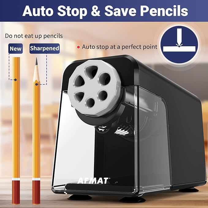 AFMAT 6-Hole Electric Pencil Sharpener for Classroom, Cordless & Rechargeable, Heavy Duty Pencil Sharpeners for 6-11mm Colored Pencils, Auto Stop, Super Fast, 10,000+ Sharpenings, Battery Powered PSD1