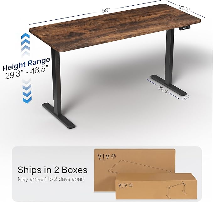 VIVO Electric 60 x 24 in Rustic Standing Desk, Memory Height Adjustment, 1B Series, Holds 220 lbs, One-Piece Vintage Brown Top, Black Frame, DESK-KIT-1B6N