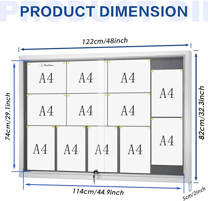 SWANCROWN Glass Enclosed Bulletin Board 48"x32", Locking Message Board with Sliding Glass Doors for Indoor Use, Grey Fabric