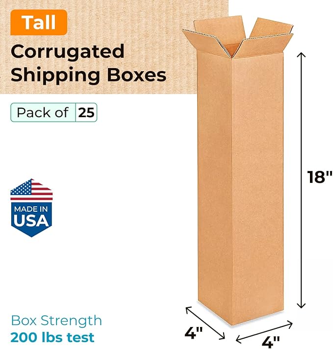 Tall Moving & Shipping Boxes 4"L x 4"W x 18"H (25-Pack) - Extra Strength 200 lb vs Regular - Corrugated Moving Boxes, Made in USA - Durable Cardboard Box for Shipping by IDL Packaging