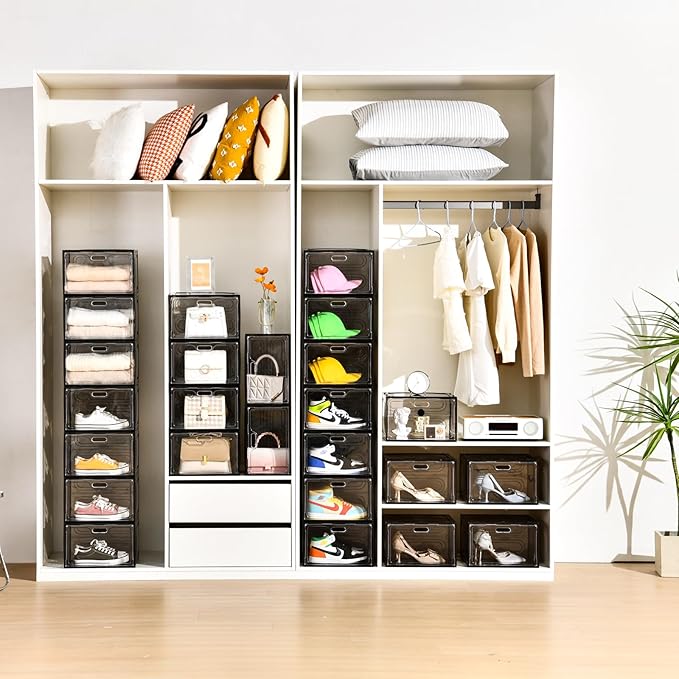 Amllas New Gray 8 Pack Shoe Boxes Stackable, Large Shoe Storage Organizer with Lids,Drop Side Shoe Containers for Entryway,Sneaker Storage Fit up to US Size 13 for Men/Women(13’’x 10.6”x 8.3”)