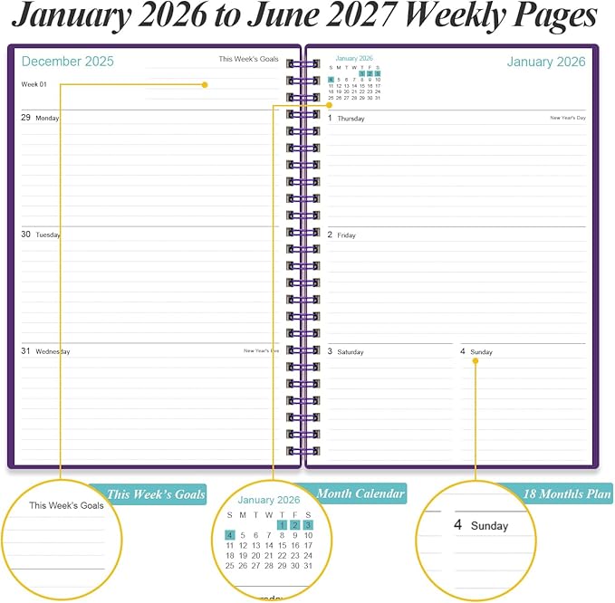 2026-2027 Planner - 18 Months Weekly & Monthly Planner from January 2026 - June 2027, Spiral Planners 2026-2027 with Elastic Closure, Inner Pocket, Medium 5.8" x 8.3", Purple