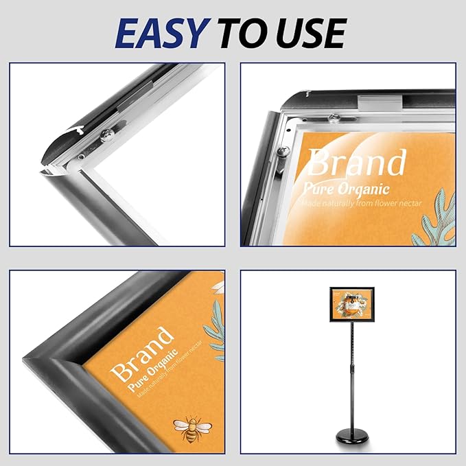 SENZHIYI Adjustable Poster Stand Holder 11x17 Inch, 360 Degree Rotation, Heavy Duty Snap Open Aluminum Pedestal Floor Standing Sign Holder Vertical and Horizontal View Sign Displayed (2PACK)