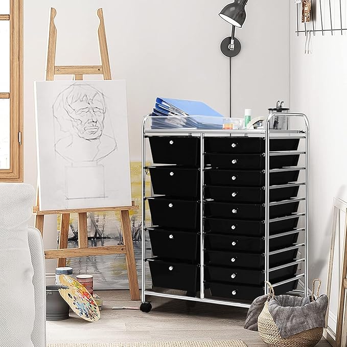 LDAILY 15 Drawer Rolling Storage Cart, Rolling Cart with Drawers for Classroom, Art Supply Craft Organizer on Wheel with Metal Frame & Handles for Home Office School
