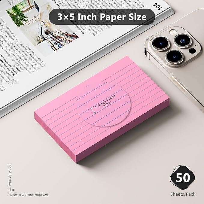 250 Count Index Cards 3 x 5 Inch, Heavyweight Pink Lined Note Cards Portable Ruled Flash Cards Perfect for Studying and Organizing, Note Taking Study Flashcards for Home, School and Office