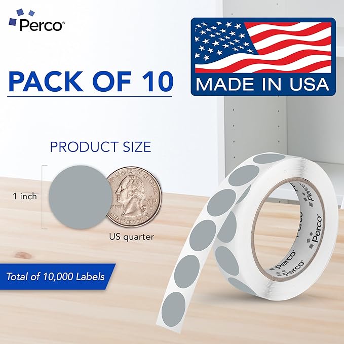 Perco Grey 1-Inch Perforated Circle Dot Sticker Labels — 10 Rolls, 10,000 Round Stickers — with Permanent Adhesive for Inventory Management, Color Coding, Garage Sales, Crafts—Made in USA