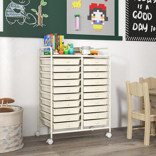 Happygrill 20-Drawer Organizer Cart Tools, Mobile Utility Storage Cart with Removable Drawers & Lockable Wheels, Rolling Storage Cart with wheels for Home Office School (White)