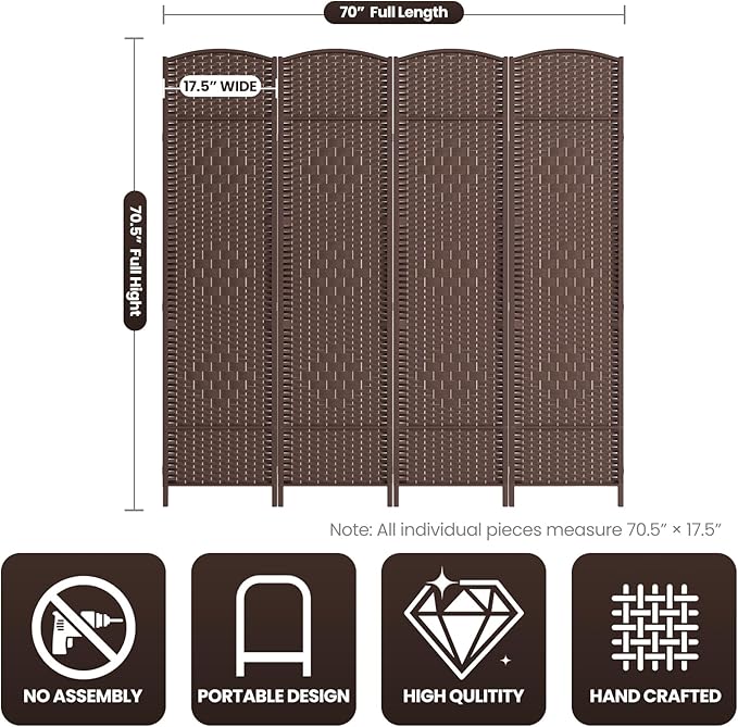 Cocosica 4 Panel Room Divider,6Ft Folding Privacy Screen,Tall - Extra Wide Foldable Panel Partition Wall Divider with Diamond Double-Weaved Hand-Woven Design Room Screen Divider