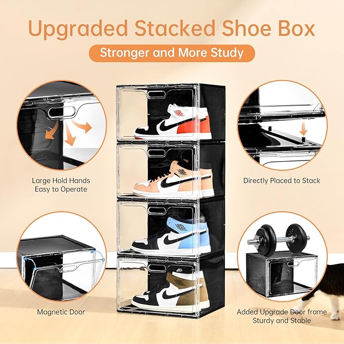 Amllas New 8 Pack Shoe Boxes Stackable, Large Shoe Storage Organizer with Lids,Drop Side Shoe Containers for Entryway,Sneaker Storage Fit up to US Size 13 for Men/Women(13’’x 10.6”x 8.3”)