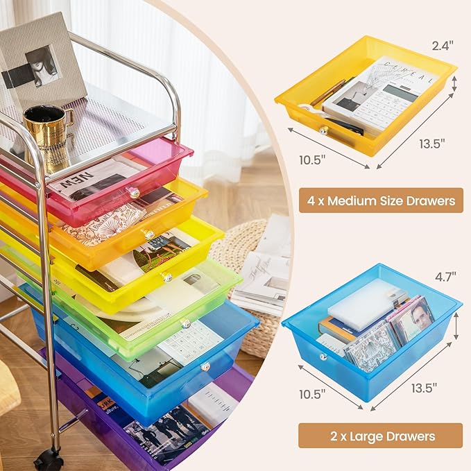 RELAX4LIFE 6-Drawer Rolling Storage Cart - Classroom Organization on Wheels w/Removable Plastic Drawers, Mobile Art Craft Cart for School Paper Home Office, Utility Cart with Drawers (Color)