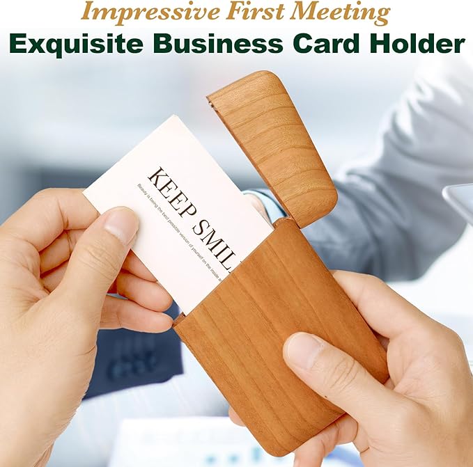 Yookin Wood Business Card Holder Wooden Magnetic Business Card Case Portable Simple (Cherry)