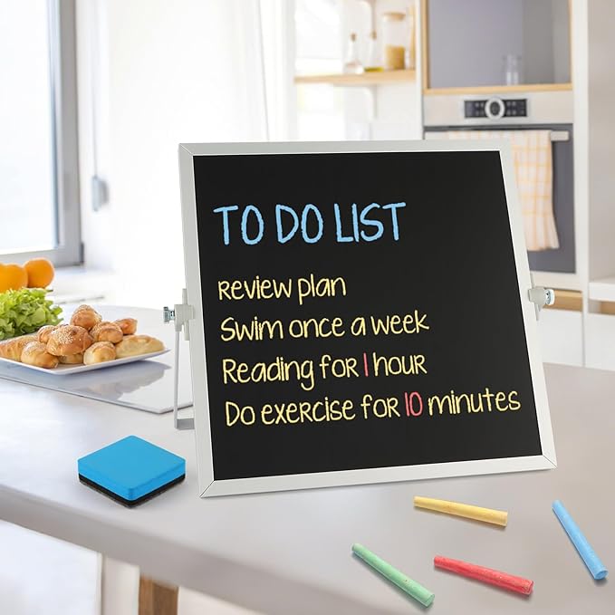 Small Magnetic Chalk Board 10"X10", Desktop Standing/Wall Hanging Chalkboard with 4 Chalks & 1 Eraser, Tabletop Double-Sided Portable Mini Black Board Easel for Office Desk Home School