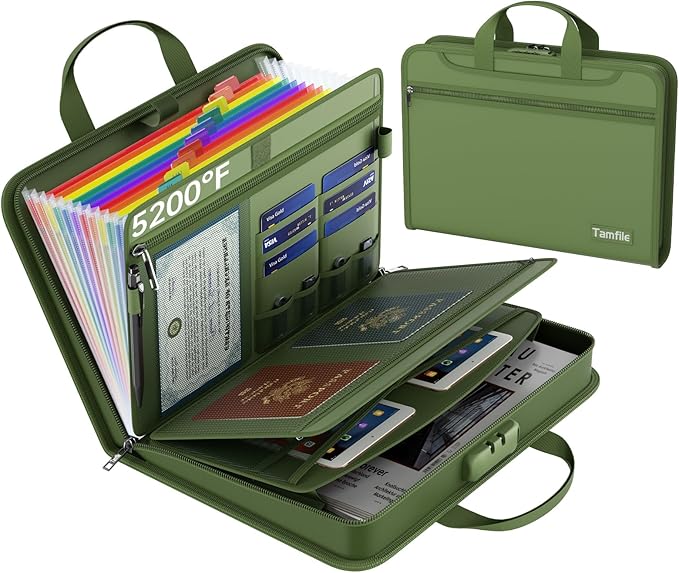 5200℉ Fireproof Accordion File Organizer with Lock, Thickened Document Organizer 13 Colorful Pocket with Labels, Important Document Organizer, Expanding File Folder with Handle for Letter A4 (Green)