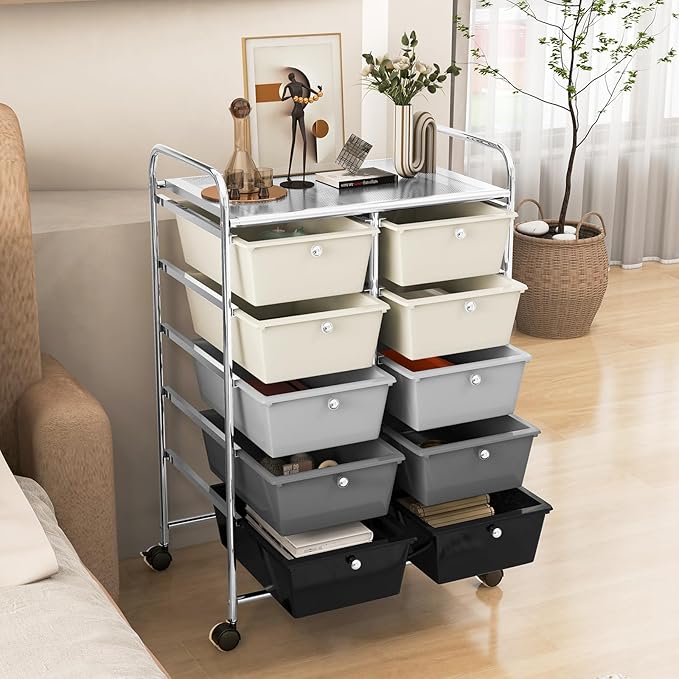 GLACER 10 Drawer Rolling Cart, Storage Cart with Lockable Whieels & Metal Frame, Trolley for Art Craft Oganizer, Mobile Utility Cart for Office, School, Classroom, Kitchen (Gray Gradient)