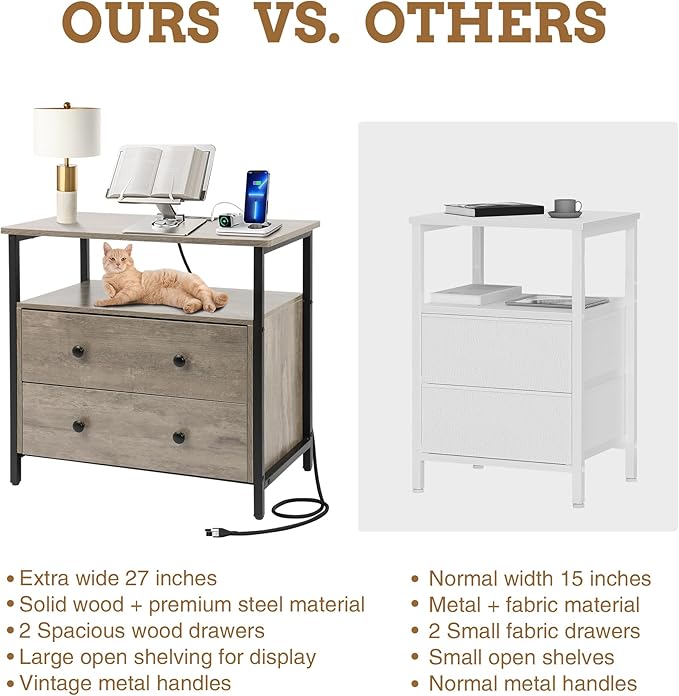 Edbuosy 27 inch Wide Night Stand with Charging Station, Bedside Table with Open Shelf, 2 Drawers Small Wood Dresser, Modern Wood Nightstand for Bedroom/Living Room (Rustic Gray)