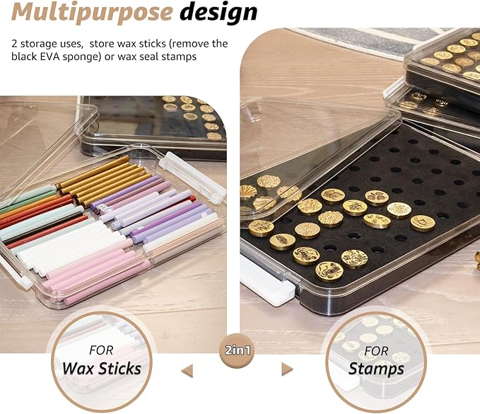 Nuvretk 54 Slot Wax Seal Stamp Head Storage Box - Clear Organizer with Double-Latch Lid, Stackable Design, EVA Foam Pad for Various Stamp Sizes