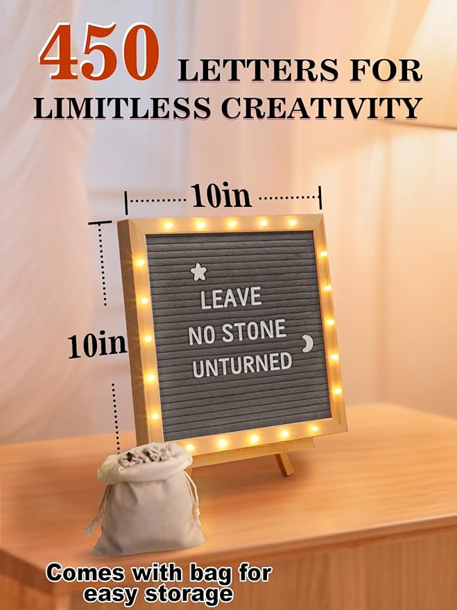 Changeable Felt Letter Board with LED Lights - 10×10" Message Custom Signs & Wood Stand & 450 Letters, Poster Board for Valentine's Day/Baby/Pregnancy Announcement/Classroom Wall Decor Gifts, Grey