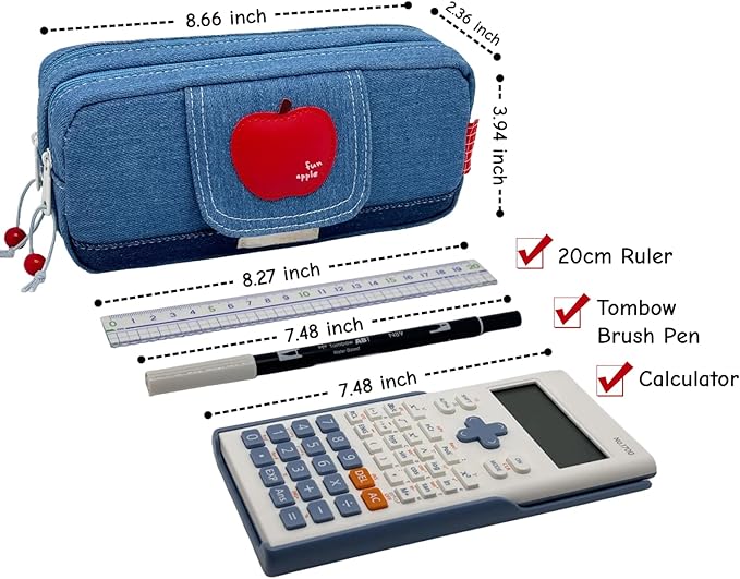 Haumei Canvas Pencil Case Large Capacity, Big Denim Pen Pouch with Zipper, Cute Durable Portable Stationary Storage Bag Organizer for Adults Women, Light Blue, Apple