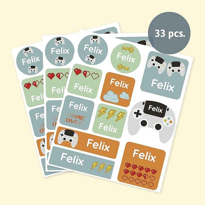Large Name Labels for Kids (33) - Custom Stickers for Daycare and School Supplies - Durable, Waterproof Stickers for Water Bottles, Lunch Boxes, and More with Unique Designs - Gaming Console