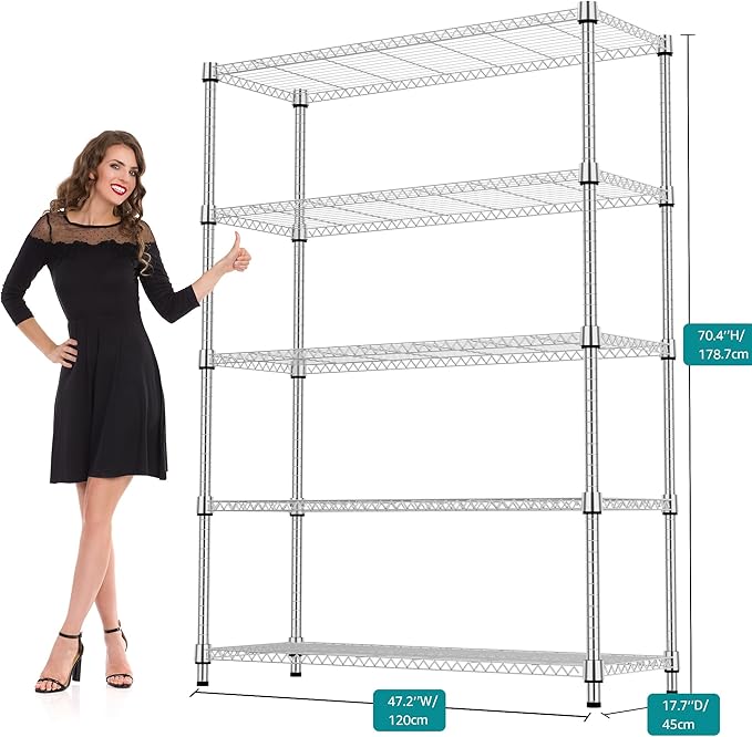 M MZG 5 Tiers Shelf 1750 lbs Steel Storage Shelving Utility Shelving Unit Steel Organizer Wire Rack for Home,Kitchen,Office,Garage Chrome 17.7" D x 47.2" W x 72.4" H